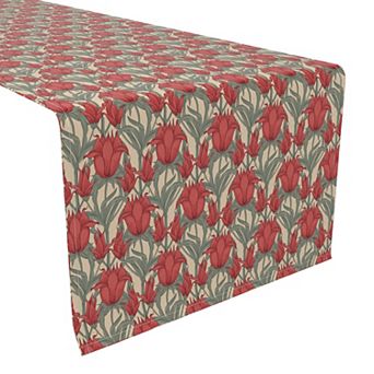 Table Runner, 100% Cotton, 16x108", Scarlet Red Flowers