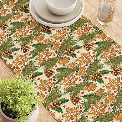 Table Runner, 100% Cotton, 16x108", Holiday Gingerbread Cookies & Pinecones