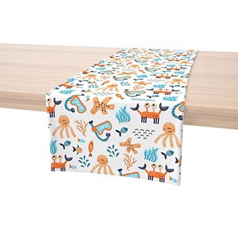Table Runner, 100% Polyester, 14x108", Hand Drawn Marine Life