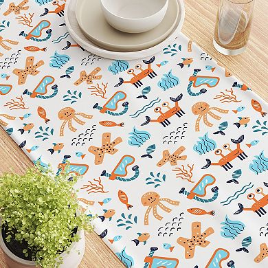 Table Runner, 100% Polyester, 14x108", Hand Drawn Marine Life
