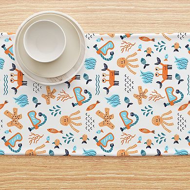 Table Runner, 100% Polyester, 14x108", Hand Drawn Marine Life