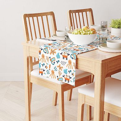 Table Runner, 100% Polyester, 14x108", Hand Drawn Marine Life