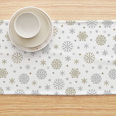 Table Runner, 100% Cotton, 16x72", Gold and Silver Snowflakes