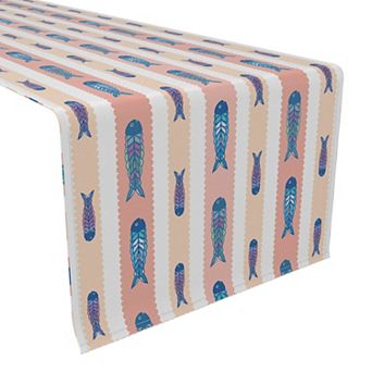 Table Runner, 100% Polyester, 12x72", Fish in Scalloped Stripes