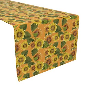 Table Runner, 100% Cotton, 16x72", Sunflowers on Orange Background