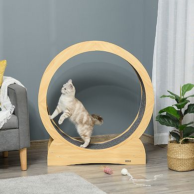 PawHut Cat Running Wheel Cat Tree with Carpet Runway Cat Exercise Wheel with Brake Cat Tower Pet Furniture for Kittens Natural