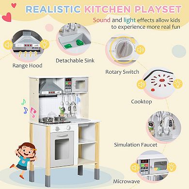 Qaba Wooden Play Kitchen with Realistic Lights and Sounds, Height-Adjustable Kids Kitchen Playset with Microwave, Range Hood, Cooking Accessories, Gift for 3-6 Years Old, White