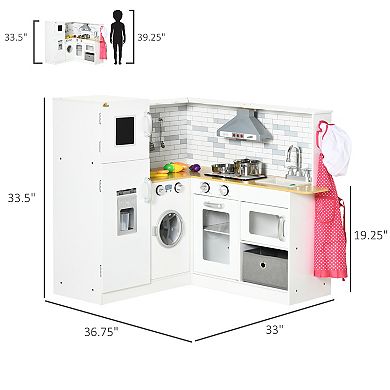 Qaba Corner Play Kitchen Set with Sound Effects and Tons of Countertop Space, Large Wooden Kitchen with Washing Machine, Food Toys, Ice Maker, Kids Kitchen, Ages 3-6, White