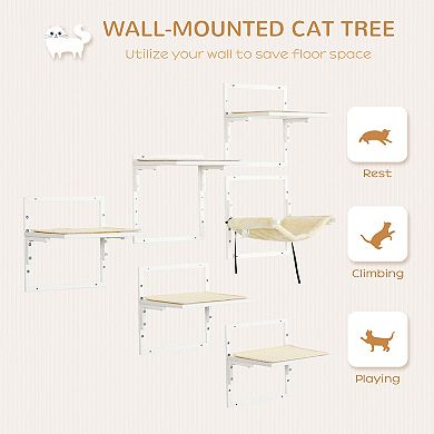 PawHut 6-pc Modern Cat Wall Shelves for Indoor Cats, Height Adjustable Jumping Platforms & Cat Hammock, Cat Shelves and Perches for Wall-Mounted Cat Tree, Cat Climbing Shelf Set, Cream