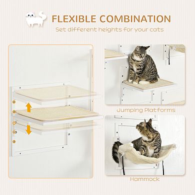 PawHut 6-pc Modern Cat Wall Shelves for Indoor Cats, Height Adjustable Jumping Platforms & Cat Hammock, Cat Shelves and Perches for Wall-Mounted Cat Tree, Cat Climbing Shelf Set, Cream