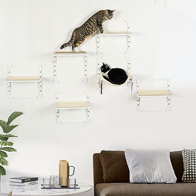 PawHut 6-pc Modern Cat Wall Shelves for Indoor Cats, Height Adjustable Jumping Platforms & Cat Hammock, Cat Shelves and Perches for Wall-Mounted Cat Tree, Cat Climbing Shelf Set, Cream