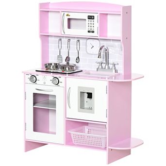 Qaba Pretend Play Kitchen with Sound Effects and Stove Lights, Kids Kitchen Playset with Storage, Water Dispenser Preschool & Kindergarten Gift for 3-6 Years Old, Pink