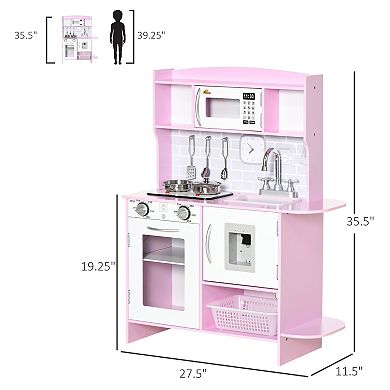 Qaba Pretend Play Kitchen with Sound Effects and Stove Lights, Kids Kitchen Playset with Storage, Water Dispenser Preschool & Kindergarten Gift for 3-6 Years Old, Pink