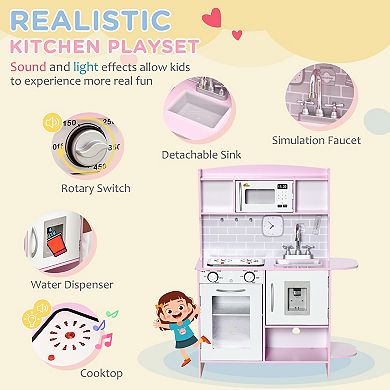 Qaba Pretend Play Kitchen with Sound Effects and Stove Lights, Kids Kitchen Playset with Storage, Water Dispenser Preschool & Kindergarten Gift for 3-6 Years Old, Pink