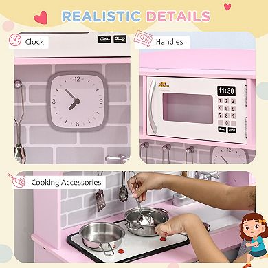 Qaba Pretend Play Kitchen with Sound Effects and Stove Lights, Kids Kitchen Playset with Storage, Water Dispenser Preschool & Kindergarten Gift for 3-6 Years Old, Pink