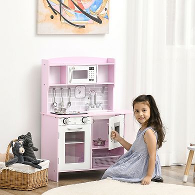 Qaba Pretend Play Kitchen with Sound Effects and Stove Lights, Kids Kitchen Playset with Storage, Water Dispenser Preschool & Kindergarten Gift for 3-6 Years Old, Pink