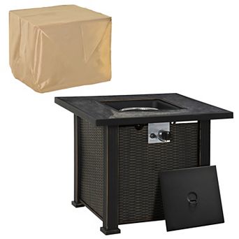 30" Gas Propane Fire Pit Table 50,000btu Wicker Auto Ignition Firepit W/ Lid