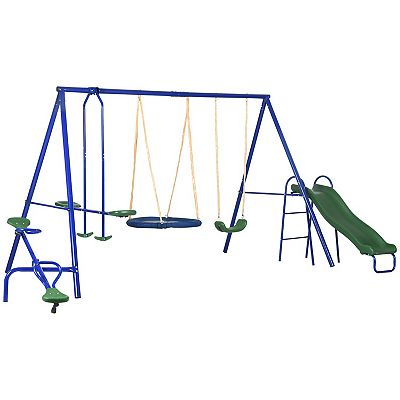 Outsunny 5 in 1 Kids Swing Set Backyard Playground Set with Saucer Swing Outdoor Slide Seesaw Metal Swing Set Kids Outdoor Playset Playground Equipment