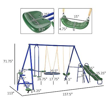 Outsunny 5-in-1 Kids Swing Set Backyard Playground Set with Saucer Swing, Outdoor Slide, Seesaw, Metal Swing Set Kids Outdoor Playset Playground Equipment