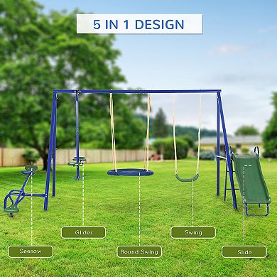 Outsunny 5-in-1 Kids Swing Set Backyard Playground Set with Saucer Swing, Outdoor Slide, Seesaw, Metal Swing Set Kids Outdoor Playset Playground Equipment