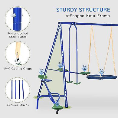 Outsunny 5-in-1 Kids Swing Set Backyard Playground Set with Saucer Swing, Outdoor Slide, Seesaw, Metal Swing Set Kids Outdoor Playset Playground Equipment