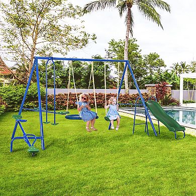Outsunny 5-in-1 Kids Swing Set Backyard Playground Set with Saucer Swing, Outdoor Slide, Seesaw, Metal Swing Set Kids Outdoor Playset Playground Equipment