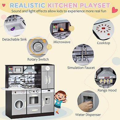 Qaba Wooden Play Kitchen with Lights Sounds, Kids Kitchen Playset with Washing Machine, Water Dispenser, Microwave, Range Hood, Refrigerator, Utensils, Gift for 3-6 Years Old