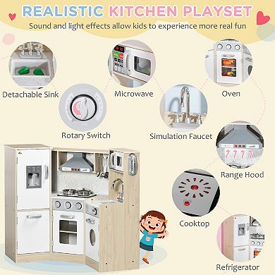Qaba Ultra-Big Corner Kids Kitchen Playset with Sound Effects, Wooden Play Kitchen  with Stainless Steel Cooking Toys, Imaginative Pretend Toy for Ages 3-6 with Phone, Ice Maker