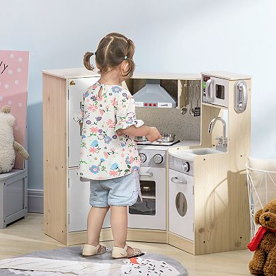 Qaba Ultra-Big Corner Kids Kitchen Playset with Sound Effects, Wooden Play Kitchen with Stainless Steel Cooking Toys, Imaginative Pretend Toy for Ages 3-6 with Phone, Ice Maker