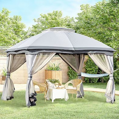 10' X 12' 2-tier Outside Pergola Canopy W/ Steel Frame And Arched Roof Grey