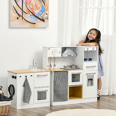 Qaba Kids Wooden Kitchen Playset with Sound Effects and Tons of Countertop Space, Wooden Corner Play Kitchen Set with Washing Machine, Imaginative Toy Pretend Restaurant, Ages 3-6, White