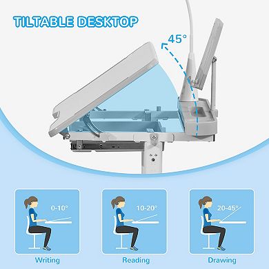 Qaba Kids Desk and Chair Set, Height Adjustable School Study Table and Chair, Student Writing Desk with Tilt Desktop, LED Lamp, Pen Box, Drawer, Reading Board, Cup Holder, and Pen Slots, Grey