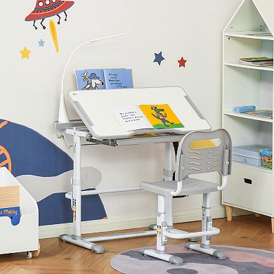 Qaba Kids Desk and Chair Set, Height Adjustable School Study Table and Chair, Student Writing Desk with Tilt Desktop, LED Lamp, Pen Box, Drawer, Reading Board, Cup Holder, and Pen Slots, Grey