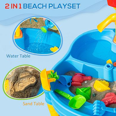 Qaba 2-in-1 Covered Sandbox Table with Umbrella for Outdoors and Indoors, 25-Piece Sand and Water Table for Toddlers, Little Kids Toys