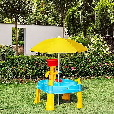 Qaba 2-in-1 Covered Sandbox Table with Umbrella for Outdoors and Indoors, 25-Piece Sand and Water Table for Toddlers, Little Kids Toys