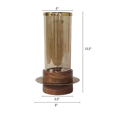 A&B Home Sebastian Acacia Wood Glass Hurricane Table Decor