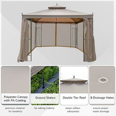 Outsunny Gazebo 10' x 10' Steel Outdoor Garden Gazebo with Mesh Curtains - Brown