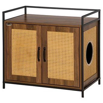 PawHut Rattan Cat Litter Box Furniture with Large Hidden Storage
