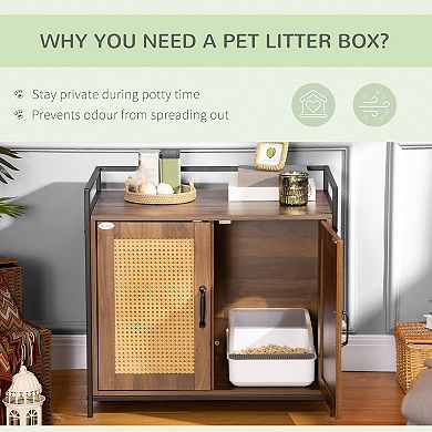 PawHut Hidden Litter Box Enclosure with Adjustable Partition, Hidden Cat Furniture with Cushion, Indoor Cat Washroom with Rattan Decoration, Double-door End Table Cabinet, Walnut