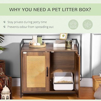 PawHut Rattan Cat Litter Box Furniture with Large Hidden Storage