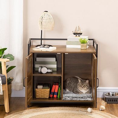 PawHut Hidden Litter Box Enclosure with Adjustable Partition, Hidden Cat Furniture with Cushion, Indoor Cat Washroom with Rattan Decoration, Double-door End Table Cabinet, Walnut