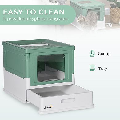 PawHut Fully Enclosed Cat Litter Box with Scoop, Hooded Cat Litter House with Drawer Type Tray, Foldable Smell Proof Cat Potty with Front Entry, Top Exit, Portable Pet Toilet with Large Space