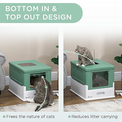 PawHut Fully Enclosed Cat Litter Box with Scoop, Hooded Cat Litter House with Drawer Type Tray, Foldable Smell Proof Cat Potty with Front Entry, Top Exit, Portable Pet Toilet with Large Space