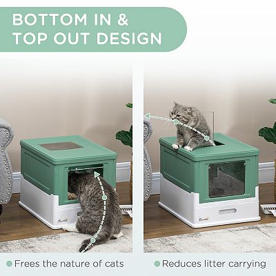 PawHut Fully Enclosed Cat Litter Box with Scoop Hooded Cat Litter House with Drawer Type Tray Foldable Smell Proof Cat Potty with Front Entry Top