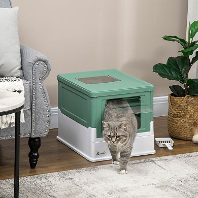 PawHut Fully Enclosed Cat Litter Box with Scoop, Hooded Cat Litter House with Drawer Type Tray, Foldable Smell Proof Cat Potty with Front Entry, Top Exit, Portable Pet Toilet with Large Space