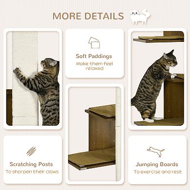 PawHut Wall-Mounted Cat Tree, 4-Layer Cat Wall Shelves Furniture with Scratching Board, Kitten Activity Center with Cushions, Natural