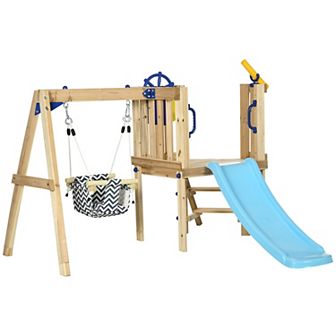 Outsunny 3 in 1 Wooden Outdoor Playset with Baby Swing Seat, Toddler Slide, Captain's Wheel, Telescope, Backyard Playground Set, Kids Playground Equipment, Ages 1.5-4