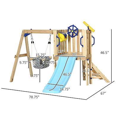 Outsunny 3 in 1 Wooden Outdoor Playset with Baby Swing Seat, Toddler Slide, Captain's Wheel, Telescope, Backyard Playground Set, Kids Playground Equipment, Ages 1.5-4