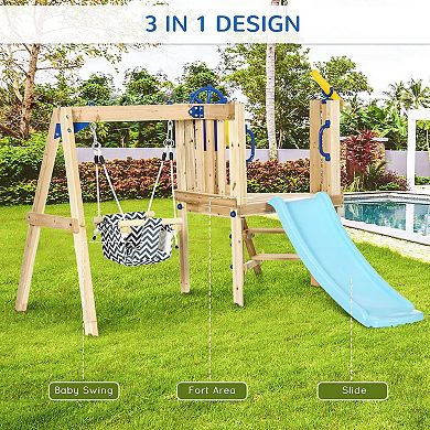 Outsunny 3 in 1 Wooden Outdoor Playset with Baby Swing Seat, Toddler Slide, Captain's Wheel, Telescope, Backyard Playground Set, Kids Playground Equipment, Ages 1.5-4