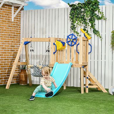 Outsunny 3 in 1 Wooden Outdoor Playset with Baby Swing Seat, Toddler Slide, Captain's Wheel, Telescope, Backyard Playground Set, Kids Playground Equipment, Ages 1.5-4